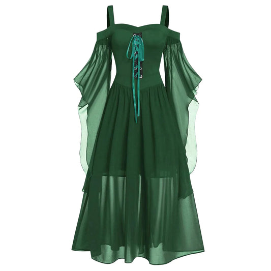 Women's Plus Size Dress Cold Shoulder Butterflies Sleeve Lace Up Gothic Costume