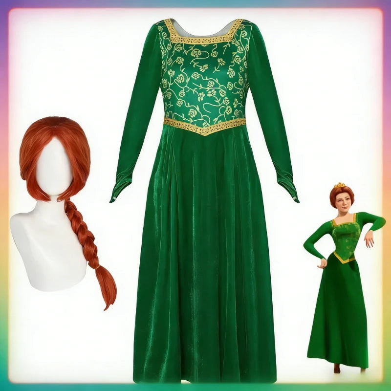 Women's Fiona-Inspired Shrek Costume – Green Dress & Wig Options