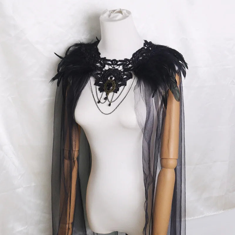 Witch Vampire Bride Medieval Feather Tulle Cloak Halloween Costume - product image 2