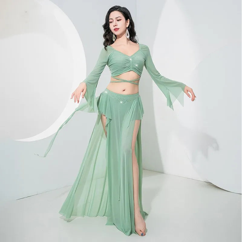 Women's Adult Costumes Horn Long Sleeve Oriental Dance Dress Sparkle Rhinestone Shine Skirt Sexy Side Split - product image 5