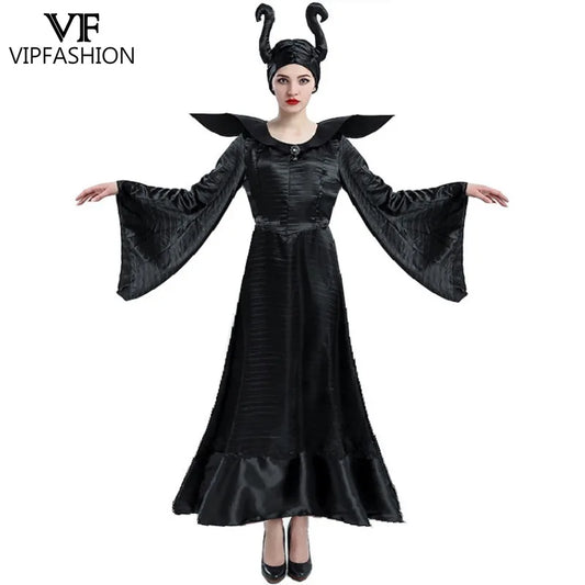 VIP Halloween Evil Demon Witch Costume Black Costume Dress with Headwear Outfit Medieval - Black / M
