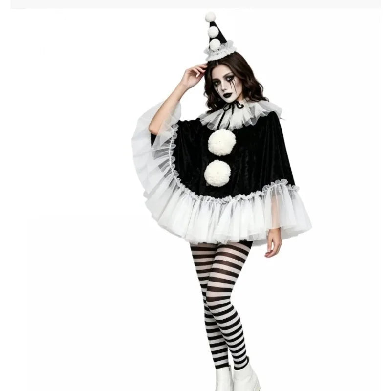 Women's Black & White Pierrot Clown Costume – Lace Cape Poncho