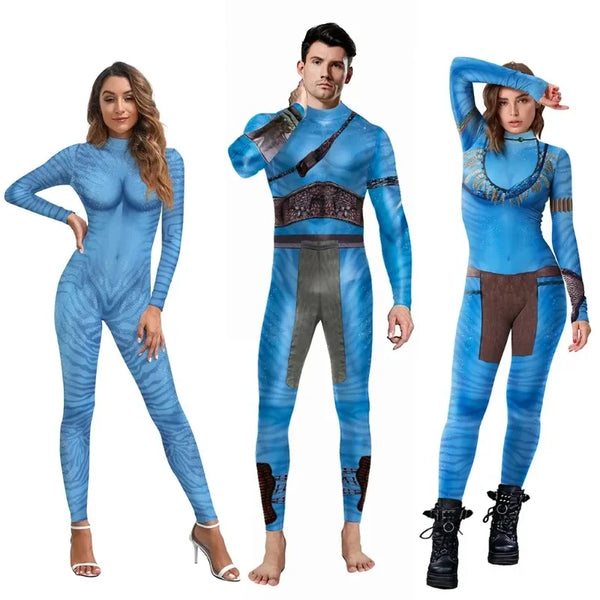 Blue Alien Fantasy Costume Adult Unisex Bodysuit Halloween Outfit Water Way Blue Skin Tight Jumpsuits - T108-1020 / L