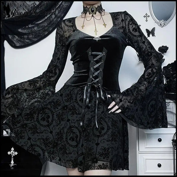 Women's Gothic Halloween Witch Dress Velvet V Neck Flocked Mesh Bell Sleeve Mini Dress Vintage Vampire - product image 1