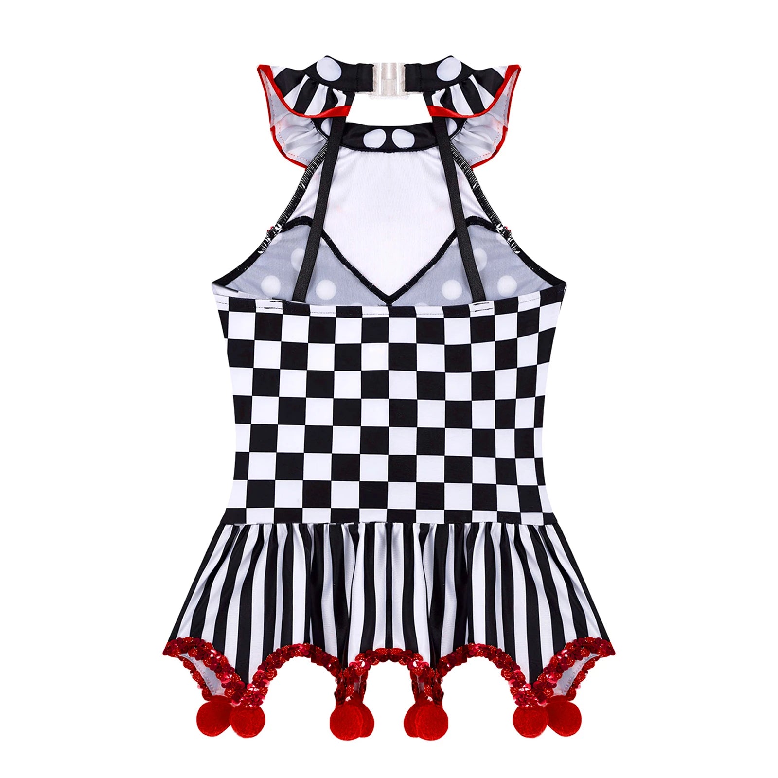 Girls Circus Clown Costume for Halloween Plaid Polka Dots Stripes Print Sequins Pompoms Adorned Dress Halter - product image 4