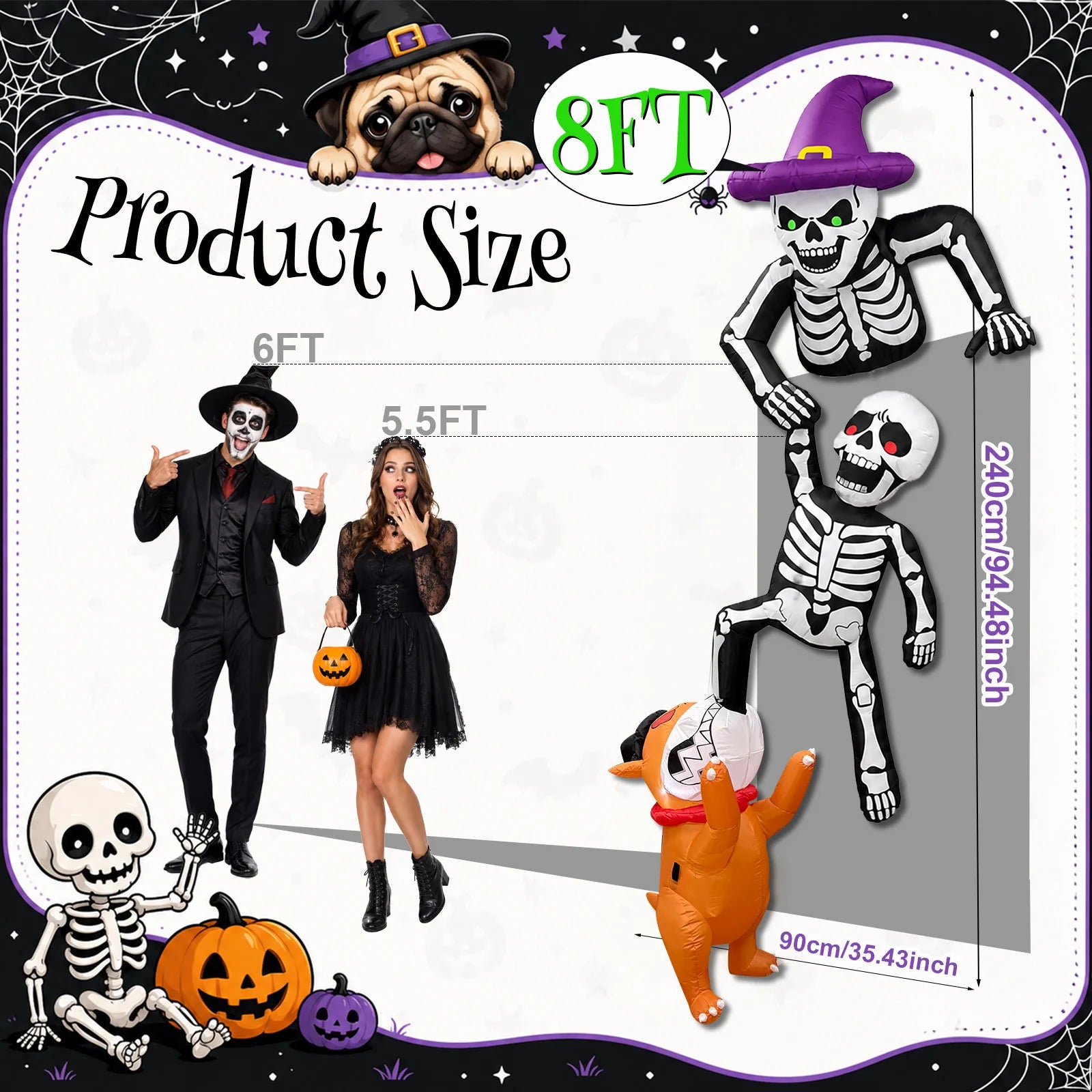 8FT Outdoor Inflatable Halloween Decoration Skeleton with Dog Biting Climbing Design for Patios Rooftops And - product image 2