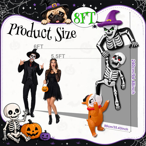 8 FT Outdoor Inflatable Halloween Decoration Skeleton With Dog Biting