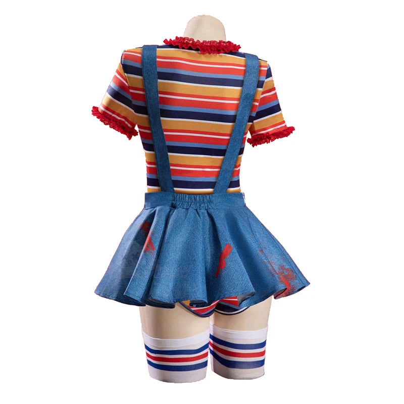 Bride of Chucky Costume Women Sexy Stripes Short Sleeve Bodysuit Skirt Socks Suit - Blue / L