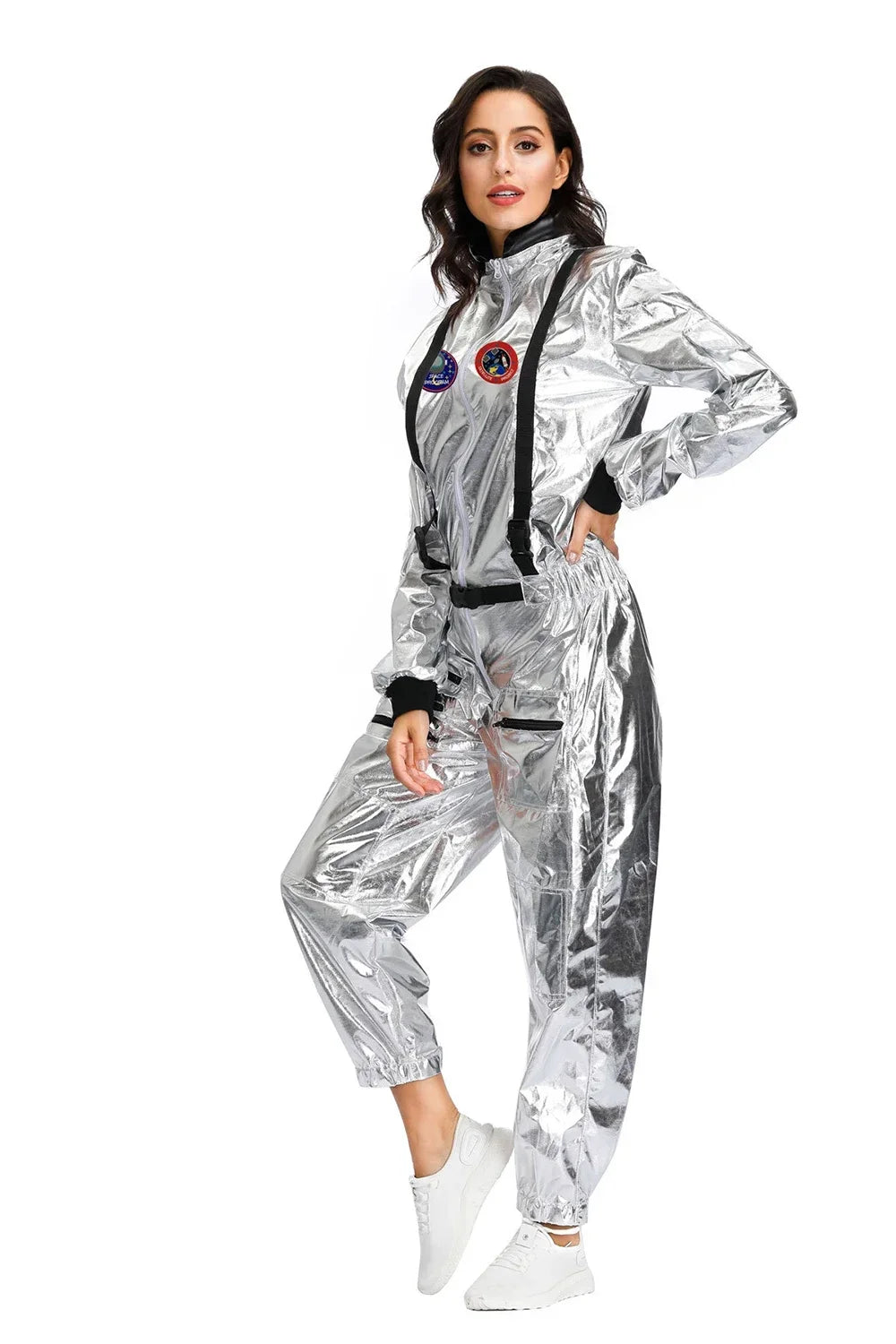 Adult Silver Astronaut Costume Men Women Spaceman Suit Space Jumpsuit Halloween Costume - Woman / M