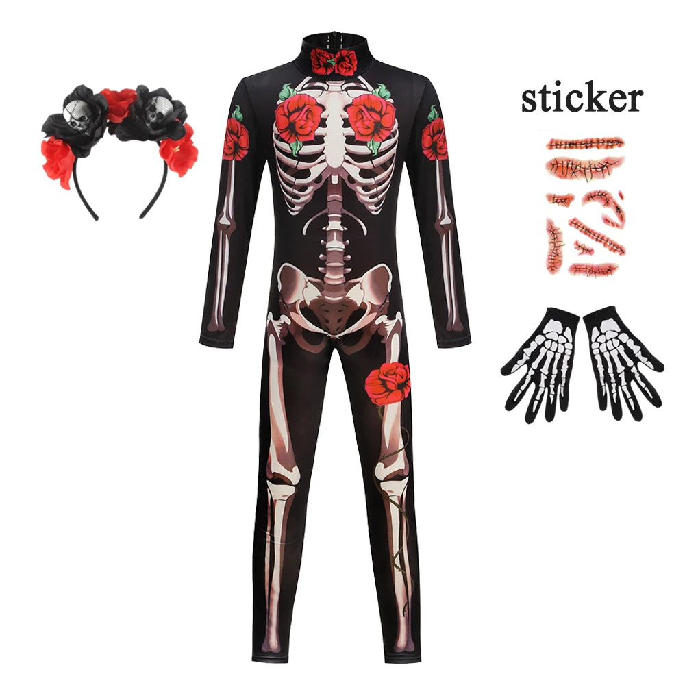 Girls Halloween Cosplay Ghost Bride Gothic Jumpsuit Rose Skeleton Scary - product image 7