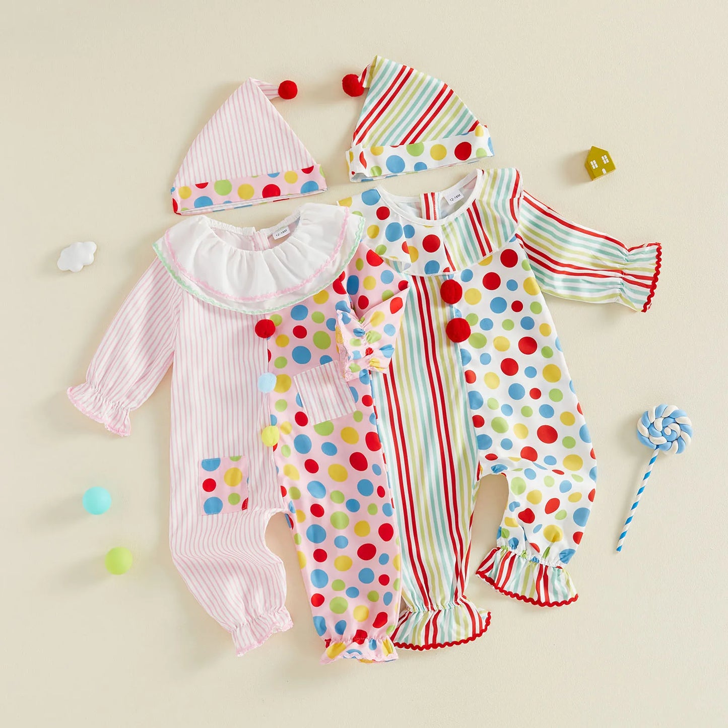 Toddler Baby Clown Costume Stripe Dot Print Sleeve Jumpsuit with Hat Baby Boy Halloween - Pink / 24M