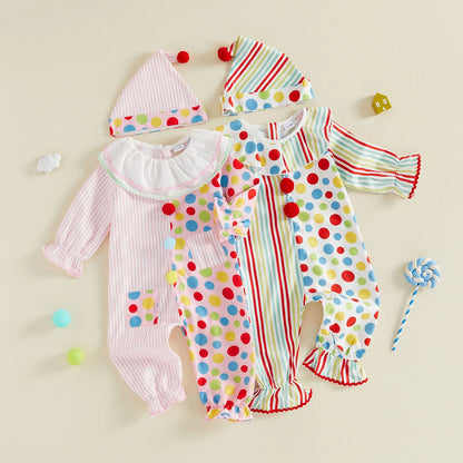 Toddler Baby Clown Costume Stripe Dot Print Sleeve Jumpsuit with Hat Baby Boy Halloween - Pink / 24M