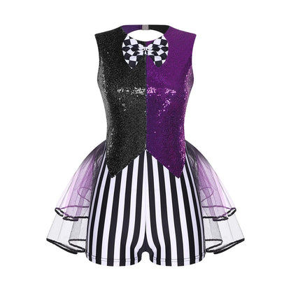 Women's Mad Circus Clown Costume Jumpsuit Sequin and Striped Checker Bowtie Tiered Tulle - Red / 3XL