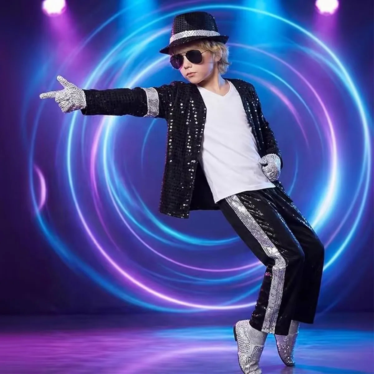 Kids 80s 90s Pop Star Dance Costume Set – Shiny Metallic Sequin MJ Style Role Play Outfit for Boys Girls Stage Party Halloween