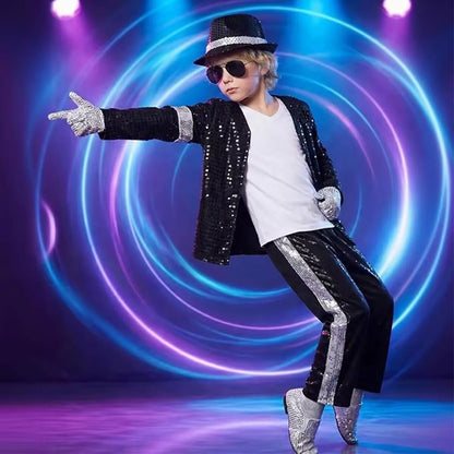 Kids 80s 90s Pop Star Dance Costume Set – Shiny Metallic Sequin MJ Style Role Play Outfit for Boys Girls Stage Party Halloween