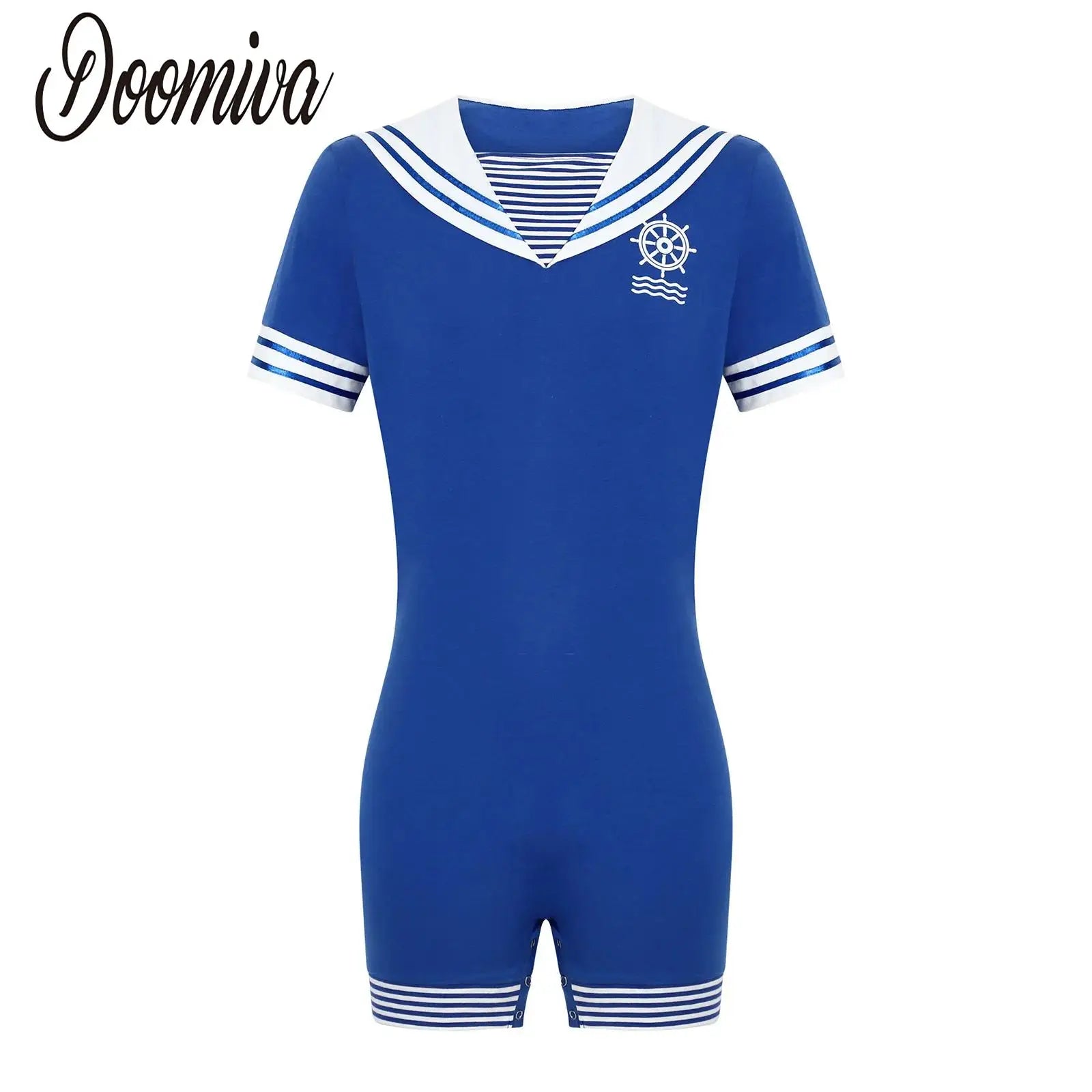 Men Navy Collar Rompers for Halloween Sailor Costume Short Sleeve Press Buttons Crotch - Royal Blue / M