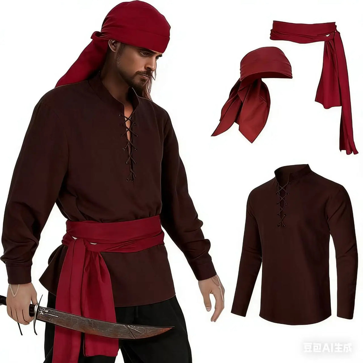 Mens Pirate 3 Pcs Costume Set Renaissance Pirate Shirt Medieval Costume Viking
