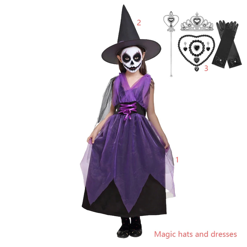 Kids Witch Halloween Costume Witch Cosplay Dress and Magic Hat Set Clothes for Girls Gothic Vampire Costume - product image 16