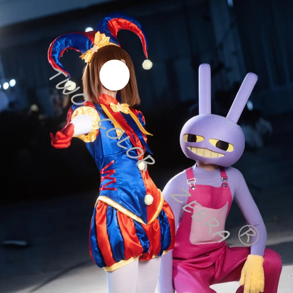 Digital Circus Pomni Costume Women's Red Blue Clown Suit Matching Hat Pom Poms Wig - Costume / XS
