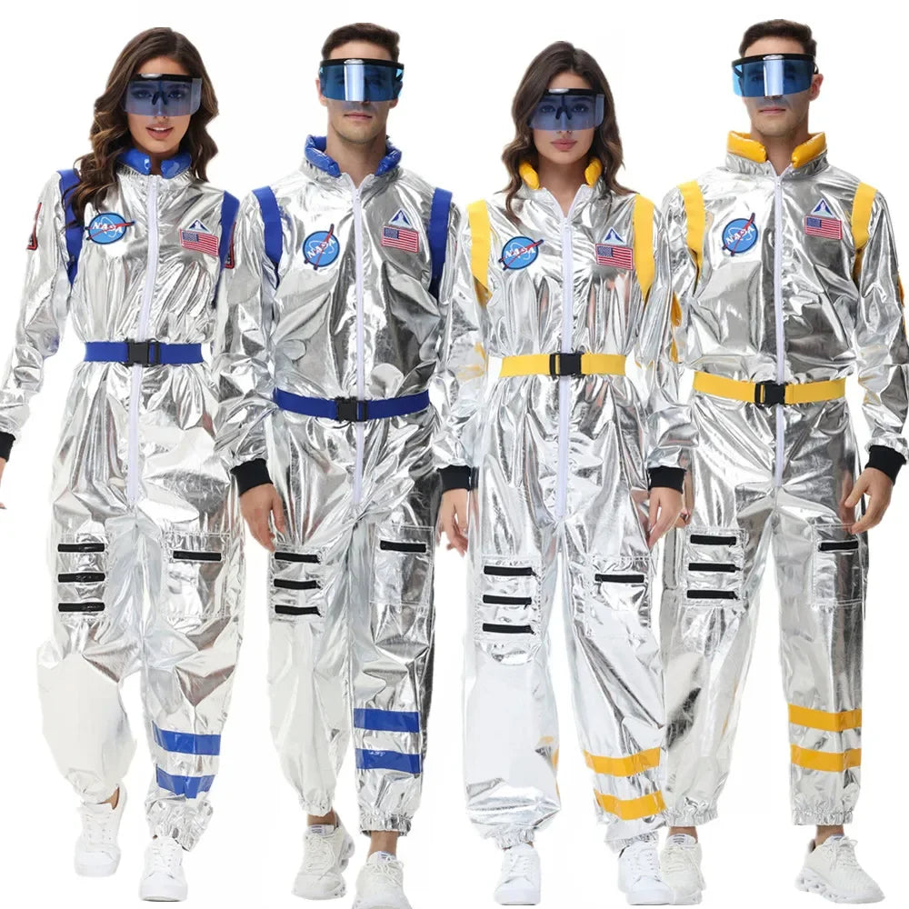 Halloween Silver Spaceman Men Women Space Suit Adult Kids Astronaut Costume Family Dress - B-Men (With Glasses) / XL