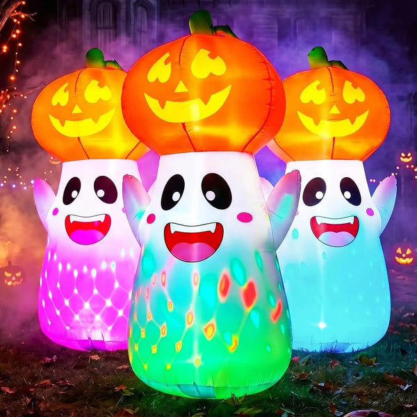 5 Ft Tall Ghost Pumpkin with 3-Pattern Halloween Inflatable Colorful Rotating Flashing Lights, CuteHalloween