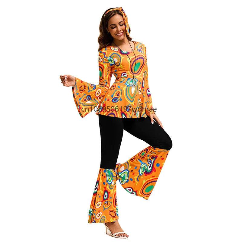 Women's Disco Multi-color Print Costume Hippie Cosplay Performance Clothes with Headband Set Female Dance - product image 3