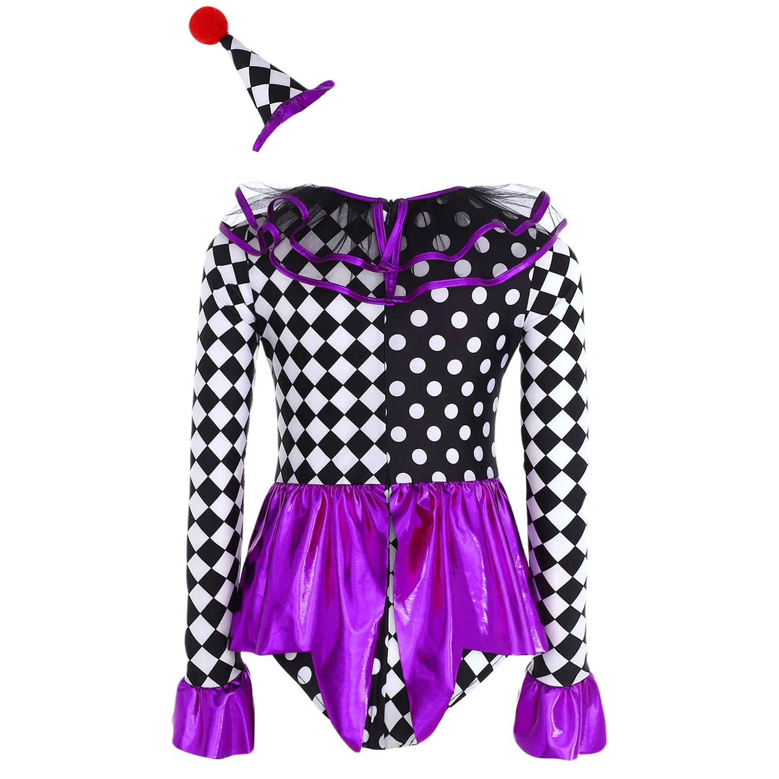 Kids Girls Halloween Circus Clown Costume Theme Performance Sleeve Checkerboard Print - Purple / 16