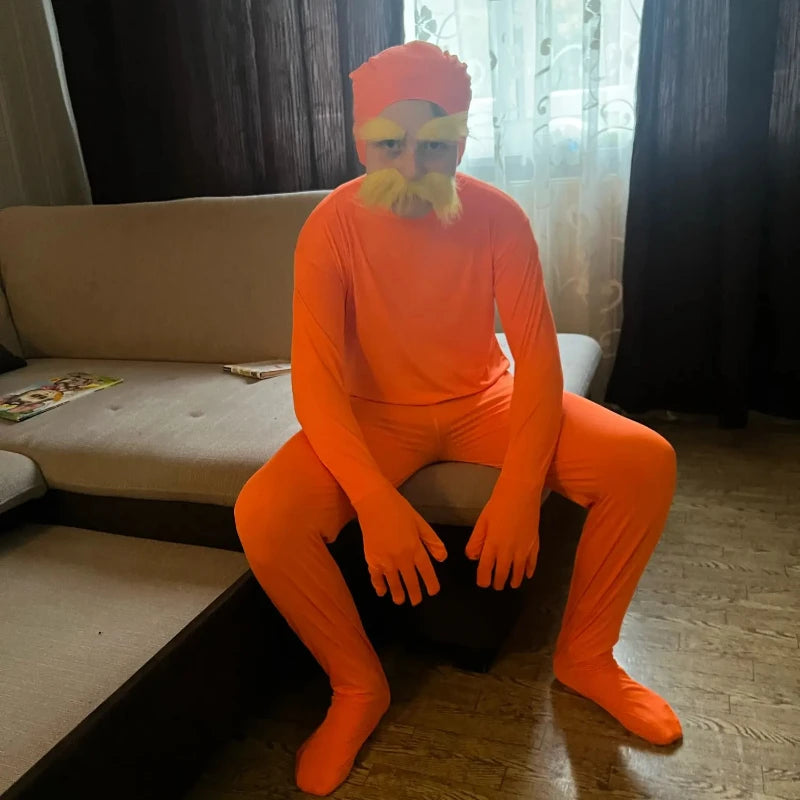Halloween Jumpsuit Orange Costume Yellow Moustache and Eyebrow Baring Orange Bodysuit - Orange / adults 70.9 in (180 cm)