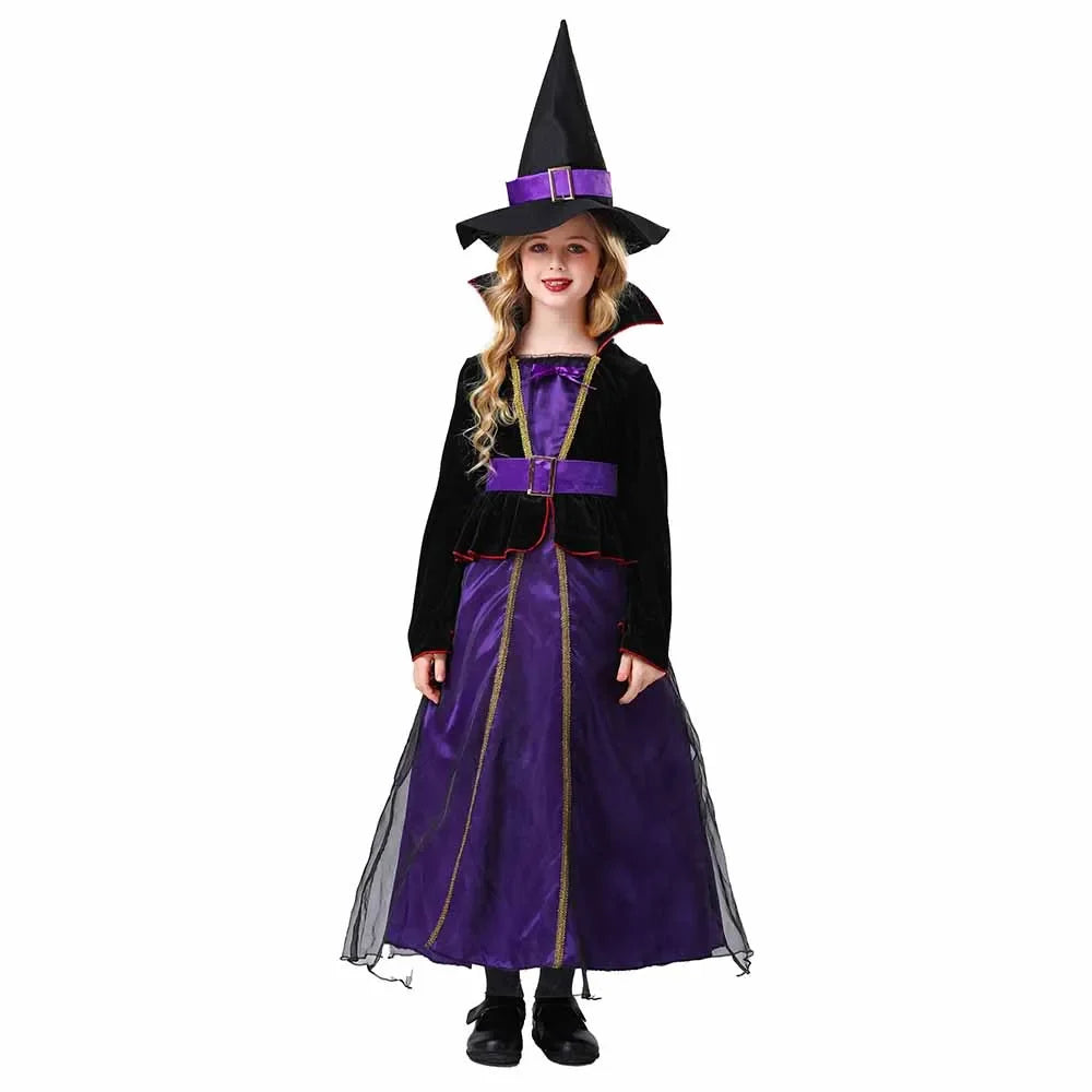 Halloween Witch Girls Purple Gauze Dress & Cloak ; Pointed Cap Belt Costume children Carnival Witch Costume - product image 6