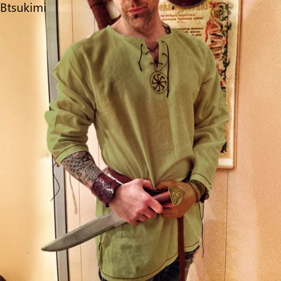 Halloween Knight Costume Medieval Renaissance Costume Robe Viking Men Sleeve Tops Costume - Grey / XL