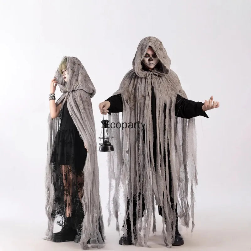 Adult Halloween Ghost Dementors Costume Horror Dilapidated Tassels Zombie Hooded Cape Day - GRAY / One Size