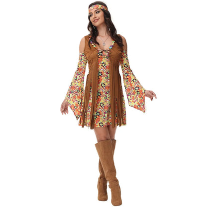 70s Disco Costume Women Retro Hippie Dress Female Disco Dress Disco Headwear Two-piece Brown Print Fashion - product image 1