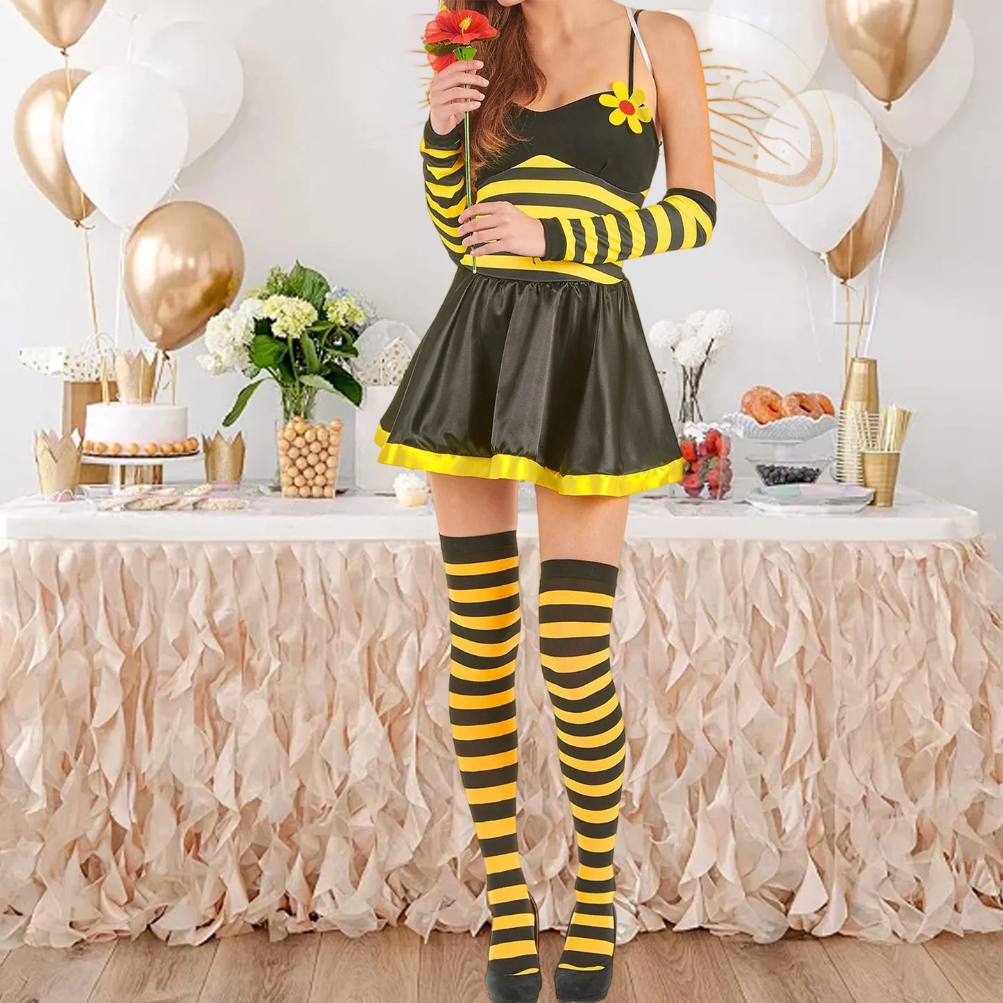 Women's Bumble Bee Halloween Costume Set – Skirt, Wings, Stockings & Headband