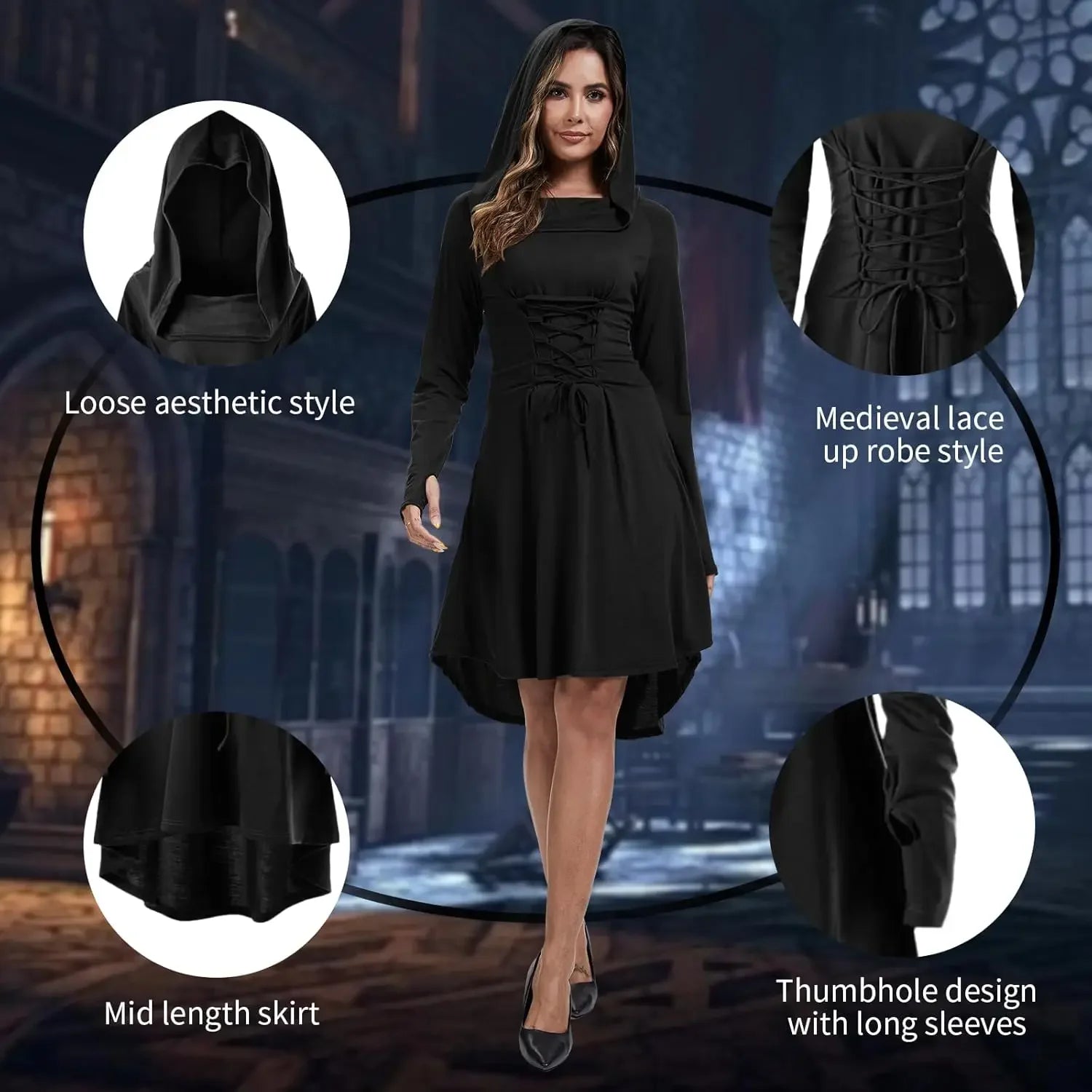 Womens Renaissance Costumes Hooded Robe Lace Up Halloween Medieval High Low Long Hoodie Dress Cloak - product image 4