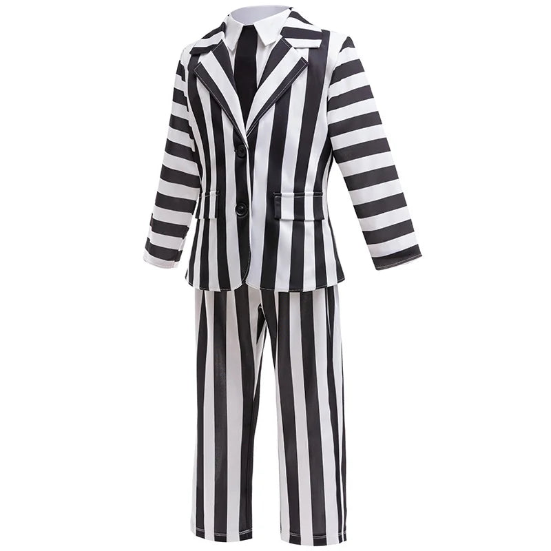 Dashing Suit Cosplay Costume Boys Girls Black and White Striped Coat+Pants Halloween Carnival Dress Up Party Costume Scary Ghost