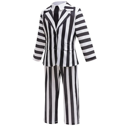 Dashing Suit Cosplay Costume Boys Girls Black and White Striped Coat+Pants Halloween Carnival Dress Up Party Costume Scary Ghost