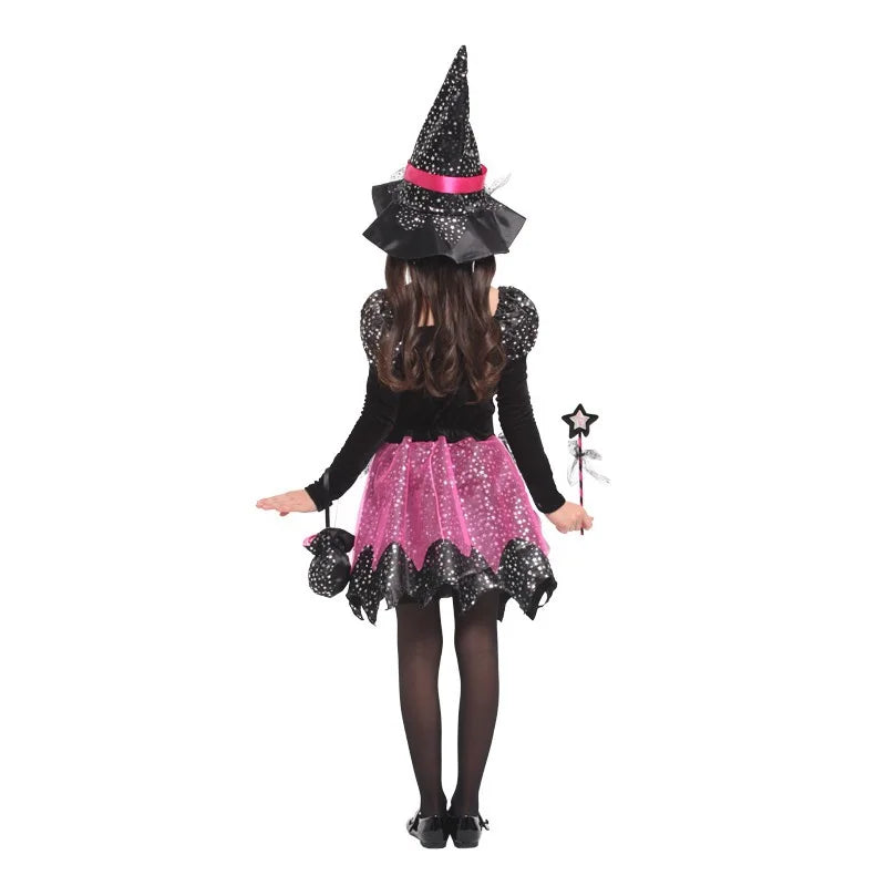 Kids Halloween Witch Costume for Girls Evil Lovely Witch Vestidos Set Dress Hat Magic Wand - Dress 2 / 3T(TAG 110)