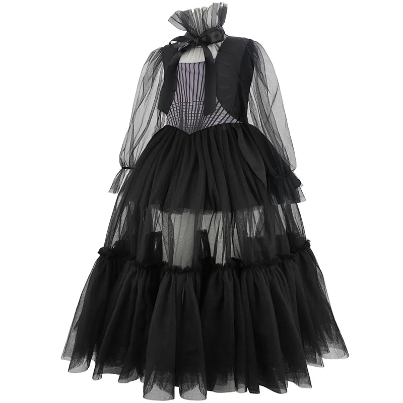 Girls Long Black Halloween Costume Dress with Accessories