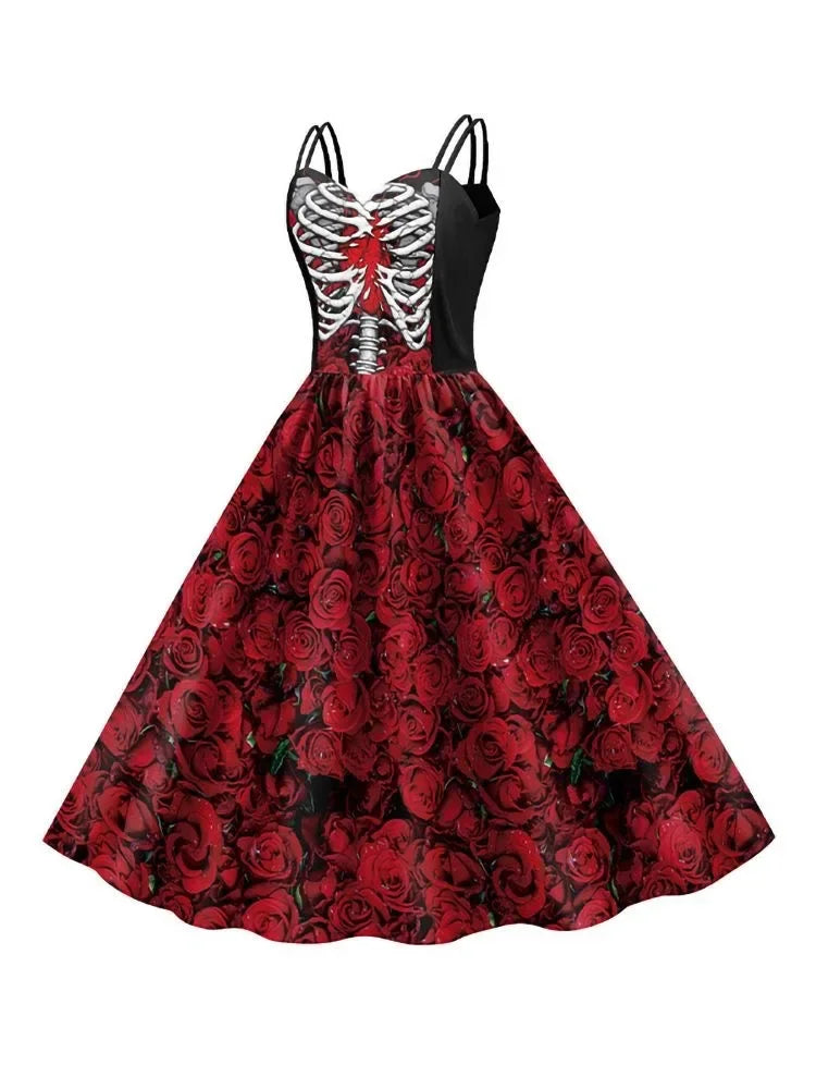 Women's New for Skull Print Halter Dress Sleeveless Tunic Vintage Dresses Costume - alternate view 3