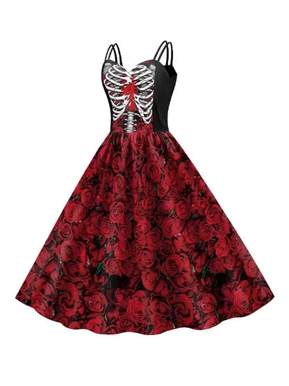 Women's New for Skull Print Halter Dress Sleeveless Tunic Vintage Dresses Costume - alternate view 3
