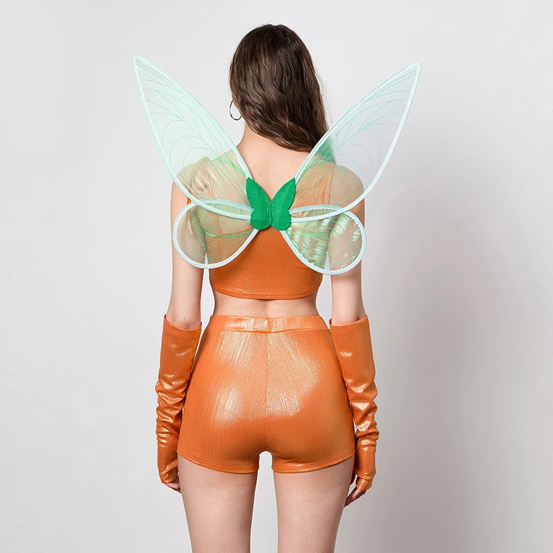Women Halloween Musa Costume Irregular Tank Top Shorts Arm Sleeves Wings Set for Costume - Orange / M