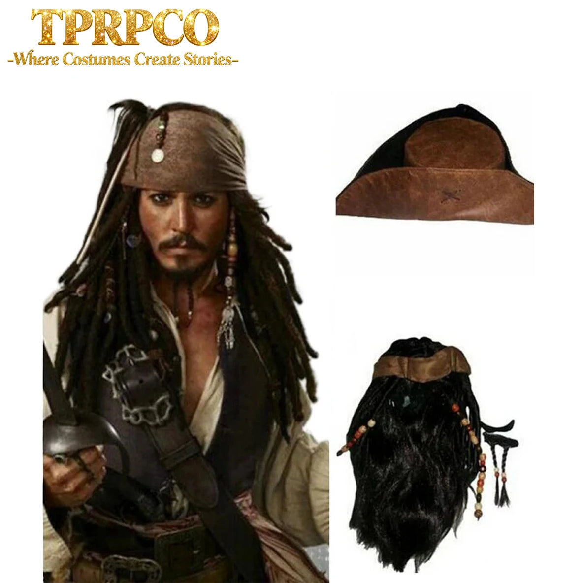 halloween costume for men adult pirate captain jack sparrow wigs hat pirates of the caribbean cosplay - product image 1