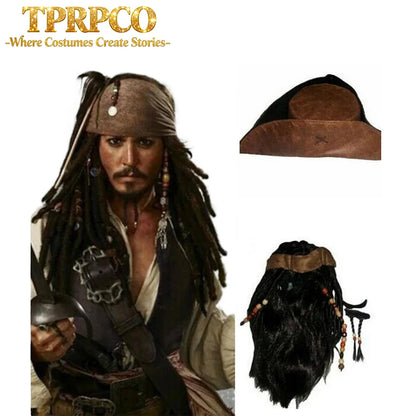 halloween costume for men adult pirate captain jack sparrow wigs hat pirates of the caribbean cosplay - product image 1