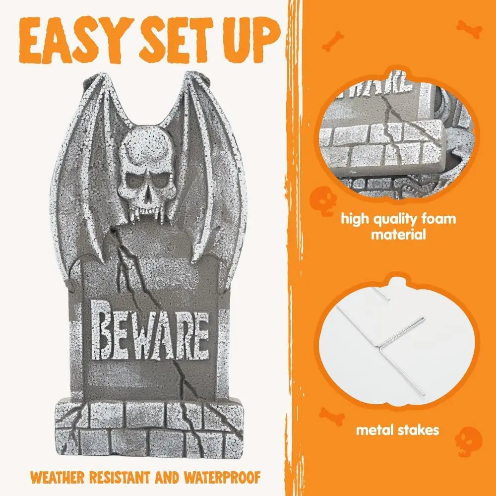 17-Inch Halloween Foam Tombstones Set – 5 Pack Graveyard Yard Decorations with 12 Stakes