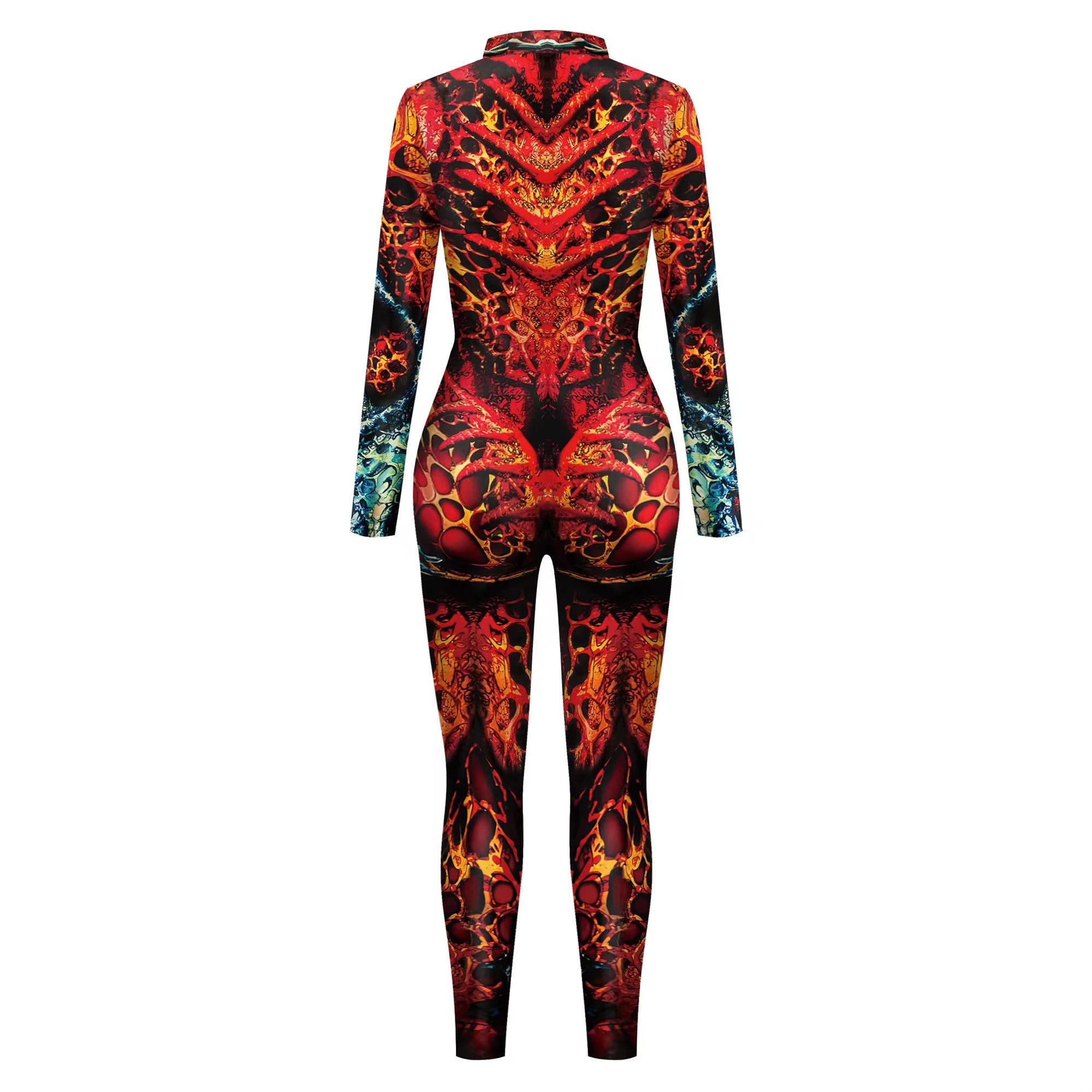 Men's Skeleton Dark Blood Skull Print Bodysuit Front Zipper Halloween Costume - Beige / XL