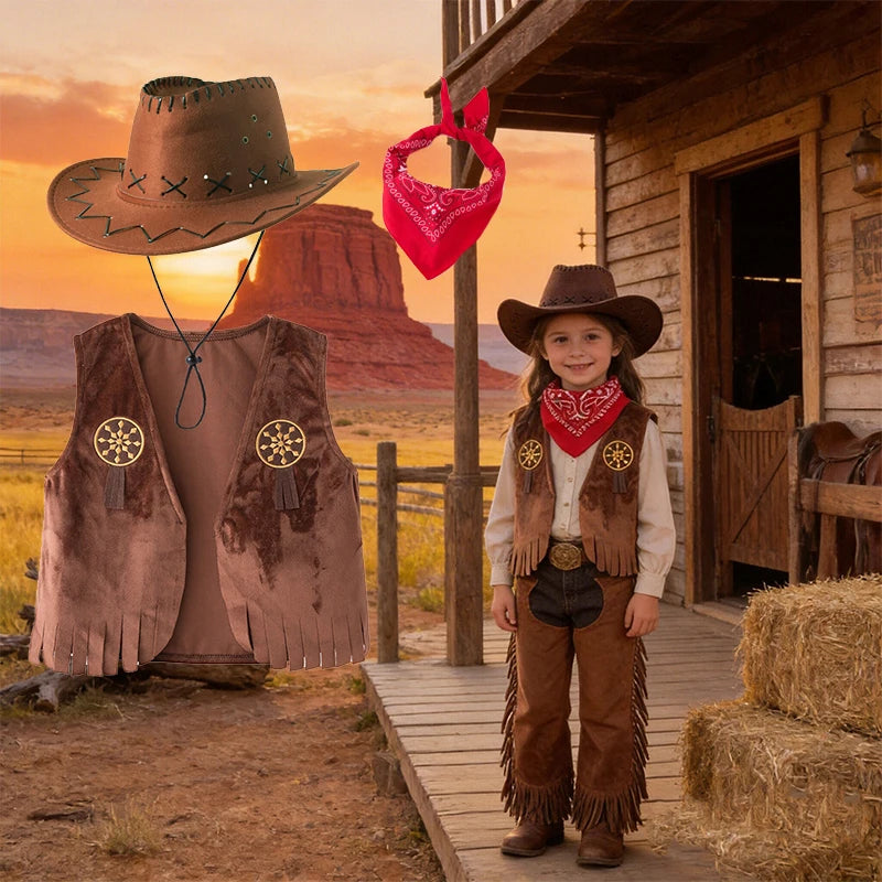 Kids Cowboy Brown Fleece Cowboy Vest with Bandanna & Hat Set Children Western Role