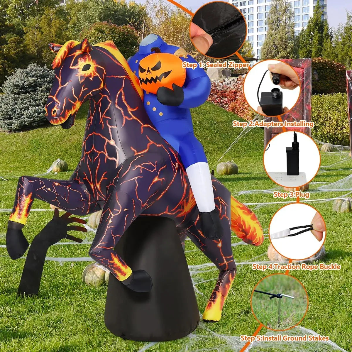 6FT Long Halloween Inflatables Headless Horseman Outdoor Decorations Blow Up Lightning Horse Yard with Built-in LEDs for I