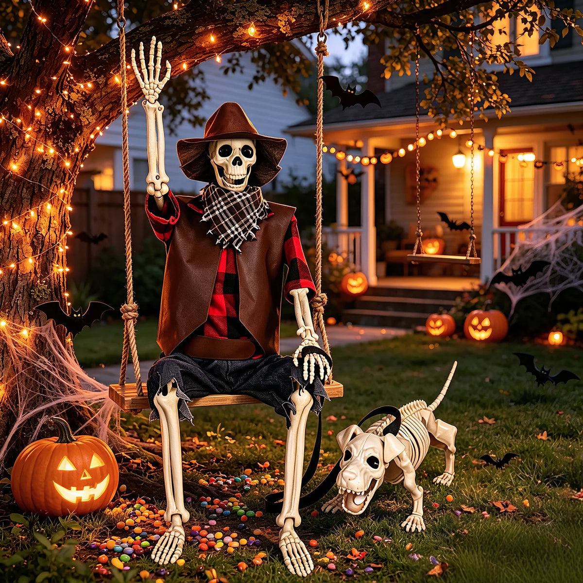 36" Posable Skeleton & Dog Cowboy Halloween Decoration Set - United States
