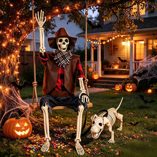 36" Posable Skeleton & Dog Cowboy Halloween Decoration Set - United States
