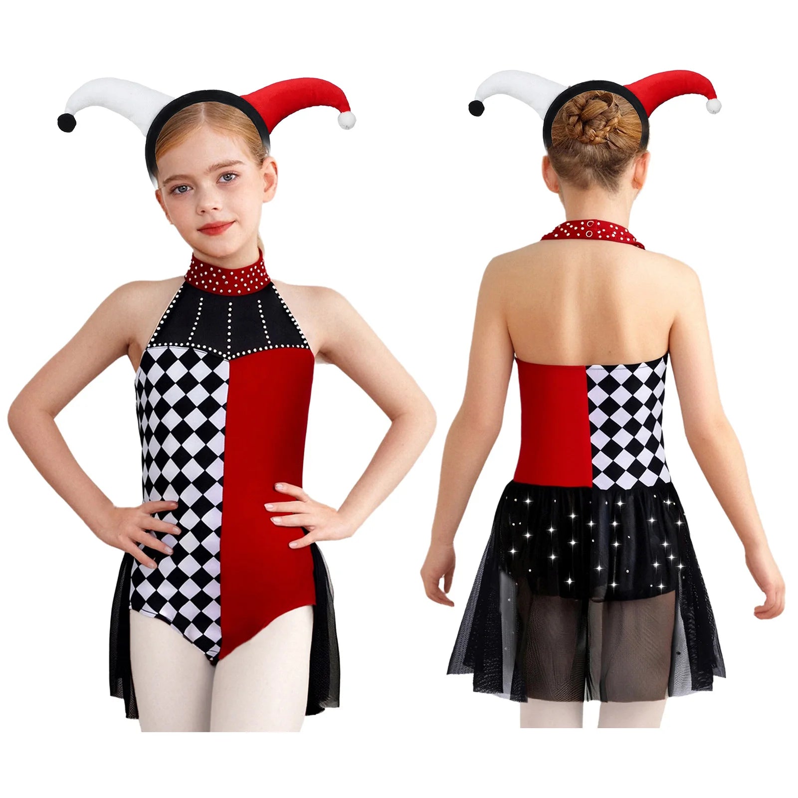 Girls Halloween Circus Clown Costume Performance Costume Sleeveless Rhinestone Mesh Dance - Hot Pink black / 8